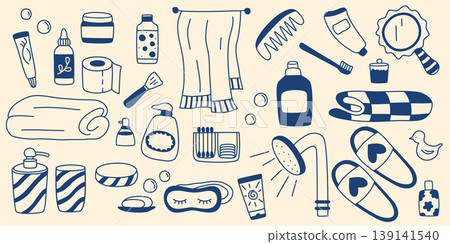 Set of hand-drawn accessories for bathing, hygiene and skincare Set of hand-drawn accessories for bathing, hygiene and skincare 139141540