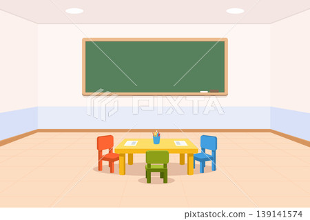 Kindergarten classroom interior with colorful chairs, yellow table and green chalkboard vector. 139141574