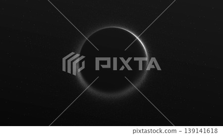 Dark cosmic ring with subtle glow and star field on black background. Abstract 4K eclipse scene with particle halo and deep space atmosphere. 139141618