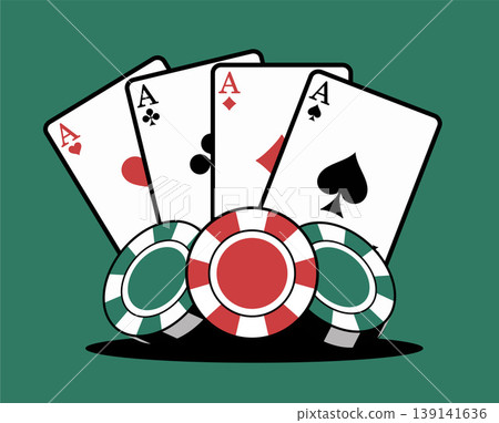 Flat design vector illustration showing a winning hand of four aces and a stack of gambling chips. The classic green background resembles a poker table surface. Ideal for app icons, online casino bann Flat design vector illustration showing a winning hand of four aces and a stack of gambling chips. The classic green background resembles a poker table surface. Ideal for app icons, online casino bann 139141636