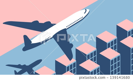 Isometric airliner flying over city high rise buildings after takeoff from an airfield. Cartoon 3D vector concept on blue pink background Isometric airliner flying over city high rise buildings after takeoff from an airfield. Cartoon 3D vector concept on blue pink background 139141680
