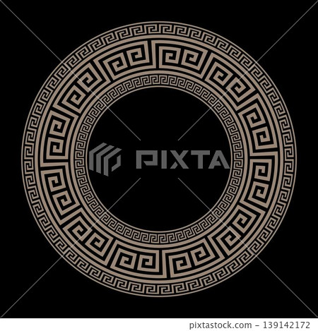Greek round frame with gold greek key meander. Greek key pattern. Circle european border. Typical egyptian, assyrian, greek motiv. For architecture, pottery, embroidery, engraving Greek round frame with gold greek key meander. Greek key pattern. Circle european border. Typical egyptian, assyrian, greek motiv. For architecture, pottery, embroidery, engraving 139142172