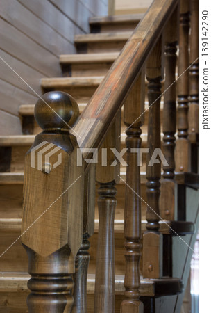 Wooden staircase railing detail interior design Wooden staircase railing detail interior design 139142290