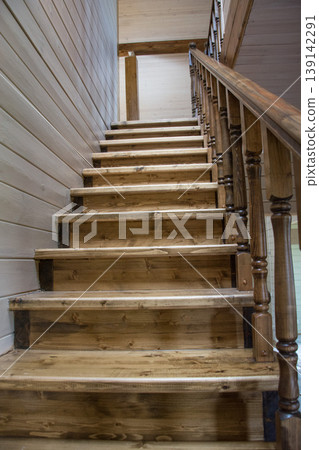 Wooden staircase in private house interior 139142291