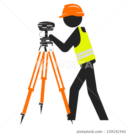Working engineer in a hard hat stands in front of a geodetic instrument Working engineer in a hard hat stands in front of a geodetic instrument 139142342