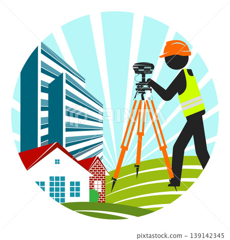 Working engineer stands in front of a surveying instrument against the backdrop of residential buildings and land plots Working engineer stands in front of a surveying instrument against the backdrop of residential buildings and land plots 139142345