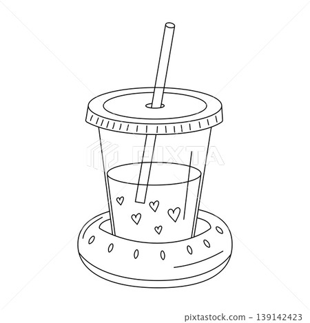 Drink cup with a straw inside a donut-shaped holder with hearts, watermelon donut Drink cup with a straw inside a donut-shaped holder with hearts, watermelon donut 139142423