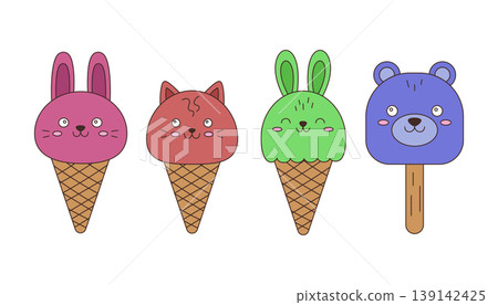 Colorful ice cream cones with animal faces including a bunny, cat, rabbit, and bear Colorful ice cream cones with animal faces including a bunny, cat, rabbit, and bear 139142425