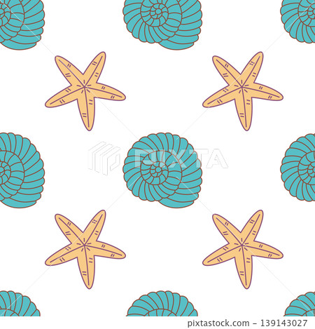 Colorful seamless pattern featuring starfish and seashells Colorful seamless pattern featuring starfish and seashells 139143027