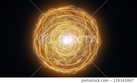 Glowing golden energy sphere with layered orbit lines and bright core flare, futuristic abstract plasma globe on dark background 139143067