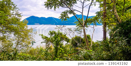 A view of Lake Biwa and the mountains on the opposite shore, seen through the gaps in the trees. 139143192