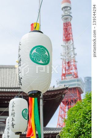 在綠意盎然的季節，透過增上寺的燈籠眺望東京鐵塔。 139144294