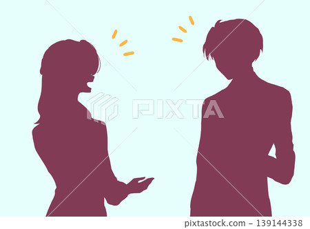 A man and a woman talking; office workers; silhouette A man and a woman talking; office workers; silhouette 139144338