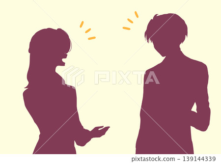 A man and a woman talking; office workers; silhouette A man and a woman talking; office workers; silhouette 139144339