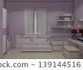 Rendering of a modern girls bedroom vanity and study desk featuring light wood purple and white accents. 139144516