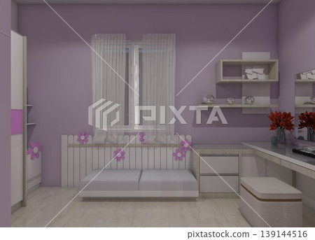 Rendering of a modern girls bedroom vanity and study desk featuring light wood purple and white accents. Rendering of a modern girls bedroom vanity and study desk featuring light wood purple and white accents. 139144516
