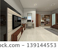 Rendering of a rustic master bedroom interior featuring a TV cabinet, workspace desk, and wardrobe in dark wood textures. 139144553