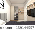 Rendering of a minimalist wardrobe and TV panel unit featuring light wood textures and integrated furniture lighting. 139144557