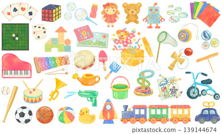 A set of illustrations of various toys for children to play with. 139144674