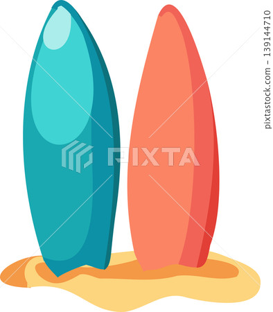 two surfboards standing on sandy beach during summer. surfing boards on sandy beach 139144710