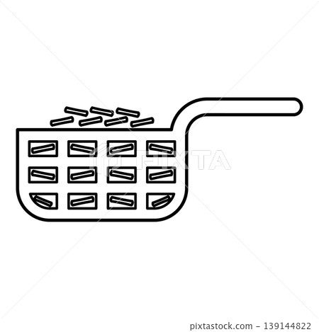 Mesh basket with potato for deep fryer with handle and french frie kitchen appliance for fast food concept roast product in hot oil Air fryer contour outline line icon black color vector illustration Mesh basket with potato for deep fryer with handle and french frie kitchen appliance for fast food concept roast product in hot oil Air fryer contour outline line icon black color vector illustration 139144822