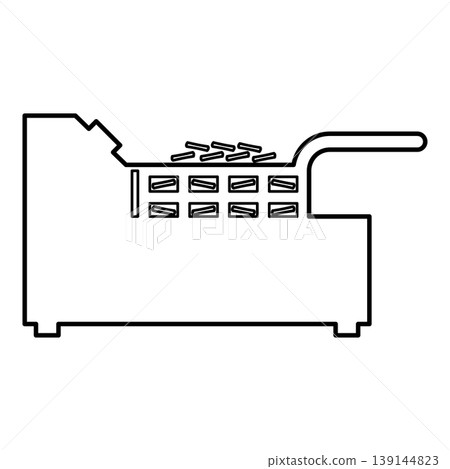 Deep fryer with mesh basket handle and french frie kitchen appliance for fast food concept roast product in hot oil Air fryer contour outline line icon black color vector illustration image thin flat Deep fryer with mesh basket handle and french frie kitchen appliance for fast food concept roast product in hot oil Air fryer contour outline line icon black color vector illustration image thin flat 139144823