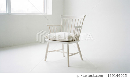White wooden spindle-back armchair with a cushion in a bright room living room single object furniture piece armchair furniture interior traditional decoration isolated background White wooden spindle-back armchair with a cushion in a bright room living room single object furniture piece armchair furniture interior traditional decoration isolated background 139144925