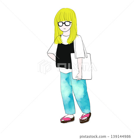 一個長髮金髮女孩穿著牛仔褲出門 139144986