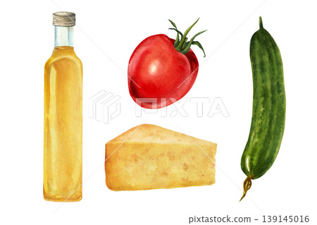A set of farm products: oil, tomato, cucumber, and cheese. Watercolor illustrations for markets, stores, and kitchen design. 139145016