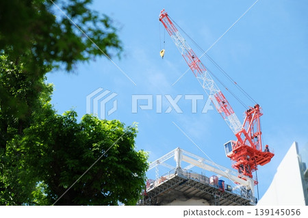 一幅動感十足的畫面:建築起重機在生氣勃勃的綠色植物映襯下,仰望著蔚藍的天空。 一幅動感十足的畫面:建築起重機在生氣勃勃的綠色植物映襯下,仰望著蔚藍的天空。 139145056