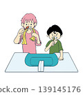 An illustration of brothers brushing their teeth with toothbrushes at a bathroom sink. 139145176