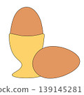 Boiled egg in cup. Cooked eggshell with yolk protein in eggcup, organic chicken eggs for healthy breakfast, protein diet food Egg Colored composition hand drawn illustration. Vector graphic line art. 139145281