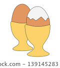 Set of two soft-cooked eggs in ceramic cups. Egg Colored composition hand drawn illustration. Vector graphic line art. Traditional English boiled eggs for breakfast. 139145283