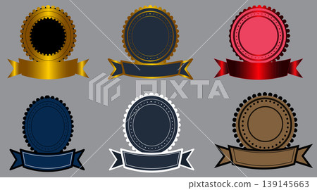 Collection of blank vintage award badges with elegant ribbons featuring gold, red, and blue metallic finishes for custom certificates, quality labels, stamps, and premium product branding 139145663