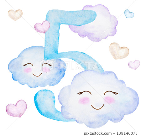 Watercolor light blue number 5 with smiling clouds and hearts, monthly milestone card illustration Watercolor light blue number 5 with smiling clouds and hearts, monthly milestone card illustration 139146073
