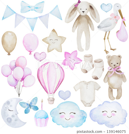 Watercolor pastel clipart set, isolated illustrations for baby milestone cards and nursery decor Watercolor pastel clipart set, isolated illustrations for baby milestone cards and nursery decor 139146075