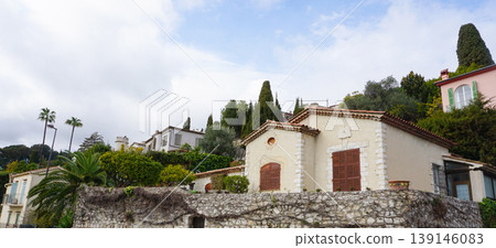 Traditional old stone houses on a street in the medieval town of Saint Paul de Vence, French Riviera, South of France 139146083