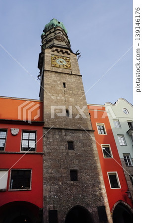 Historic facades at old street of Innsbruck view, alpine city in Tirol, region of Austria Historic facades at old street of Innsbruck view, alpine city in Tirol, region of Austria 139146176