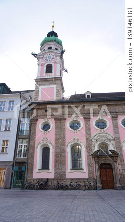 Hospital church Spitalskirche on maria theresien street in Innsbruck, Tyrol, Austria in summer Hospital church Spitalskirche on maria theresien street in Innsbruck, Tyrol, Austria in summer 139146181