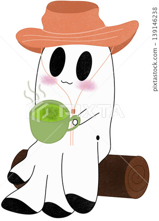 ghost sits sipping hot matcha on a log 139146238