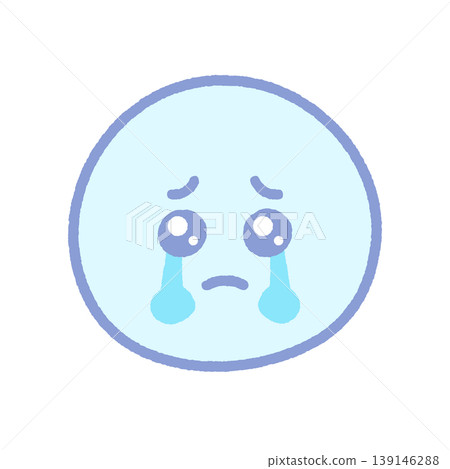A light blue emotional emoji icon of a crying face with tears streaming down its face - a cute hand-drawn illustration of a teary-eyed, sad face. 139146288