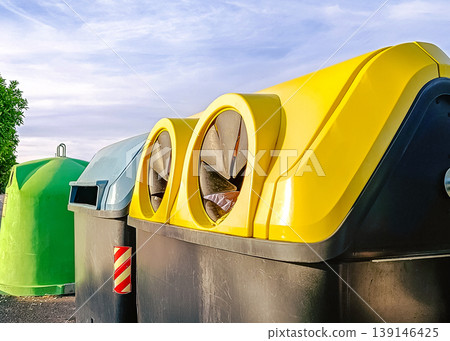 Waste Sorting Containers in Sunlight with Yellow Bin in Foreground Waste Sorting Containers in Sunlight with Yellow Bin in Foreground 139146425