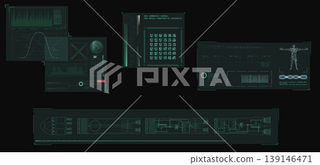Futuristic sci-fi user interface elements with HUD data panels and graphs 139146471