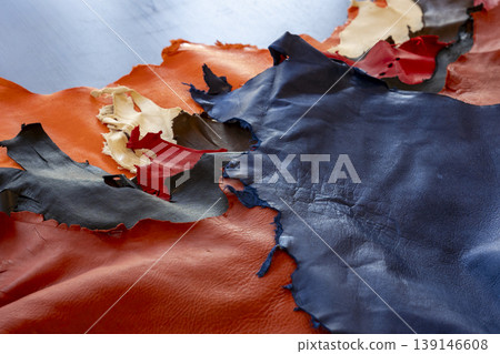A set of colorful genuine leather scraps for textures, backgrounds, advertising materials, handmade crafts, and images. A set of colorful genuine leather scraps for textures, backgrounds, advertising materials, handmade crafts, and images. 139146608