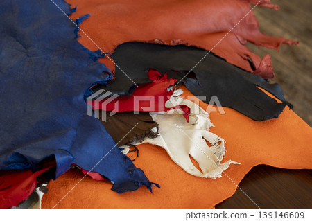 Colorful scraps and layers of genuine leather. Suitable for commercial use, advertising, and handmade crafts. Colorful scraps and layers of genuine leather. Suitable for commercial use, advertising, and handmade crafts. 139146609