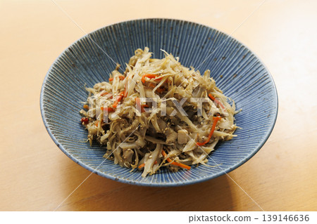 Crispy kinpira gobo (braised burdock root), a classic Japanese side dish, and a cooking ingredient for advertising and promotional purposes. 139146636