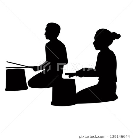 two children playing drum, silhouette vector two children playing drum, silhouette vector 139146644
