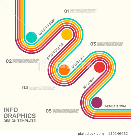 Retro zig-zag business infographic template with colorful circular steps. Vector illustration. Retro zig-zag business infographic template with colorful circular steps. Vector illustration. 139146682