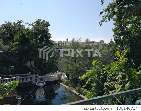 Sunny Park Staircase with White Balustrade and Lush Green Trees in Summer Sunny Park Staircase with White Balustrade and Lush Green Trees in Summer 139146714