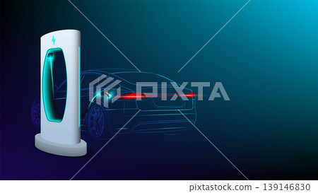 Electric car at charging station. Abstract Electric Power Charger EV Clean Energy Alternative Energy electric charger concept. Electronic vehicle power dock. Vector illustration. 139146830